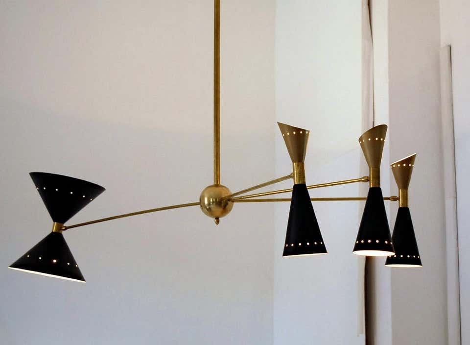 Four Arm Brass Asymmetrical Chandelier Black Gold Pivot Shades Stilnovo Style The Midmodernist